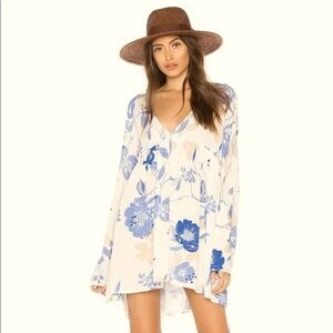 Free People Bella Print Tunic Dress Women’s Ivory and Blue Bell Sleeves Size XS